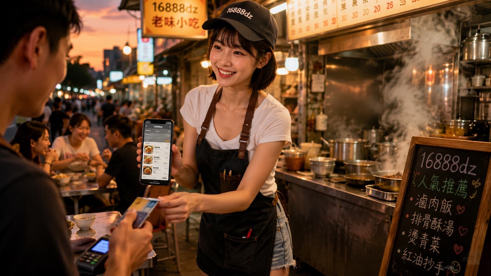 小店老闆拿著手機，用 16888dz 為客人結帳